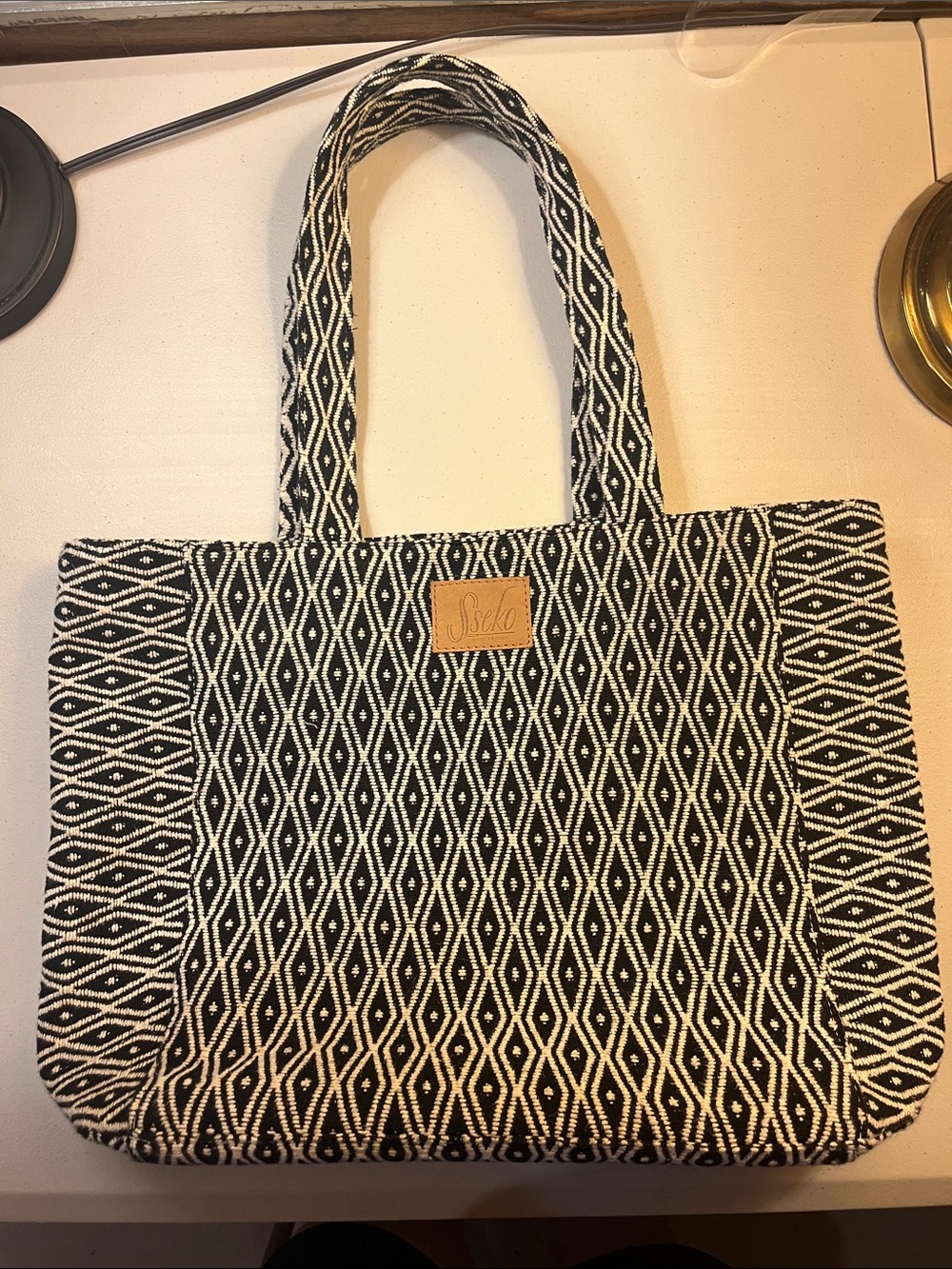Sseko Black & Cream Diamond Woven Tote